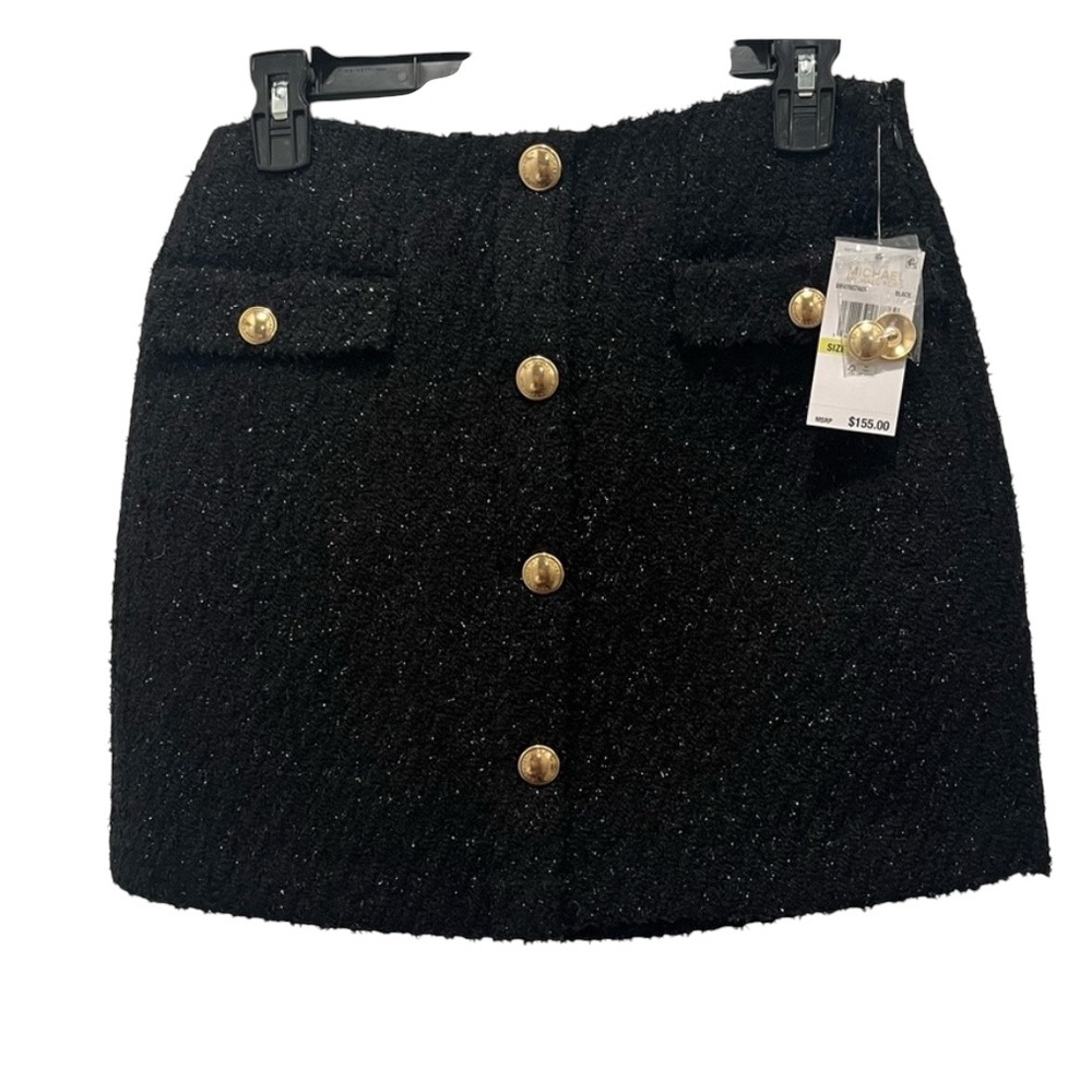NWT Michael Kors Black Eyelash Tweed Gold Button Coordinating Mini Skirt Size 4